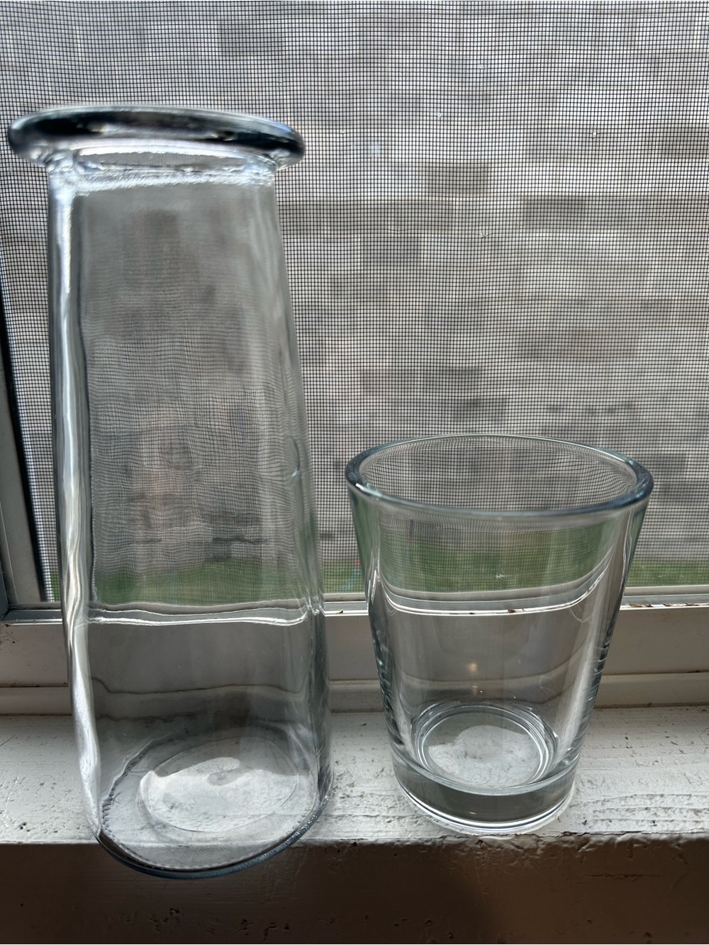 Lot Of 2 Heavy Clear Glass Vases Different Sizes. Wide Rim Tall.Wide Mouth Short